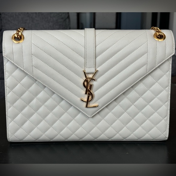 Sold -YSL- White Grained Leather Tri-Quilted Chevron Envelope Large Flap Bag - Picture 1 of 11